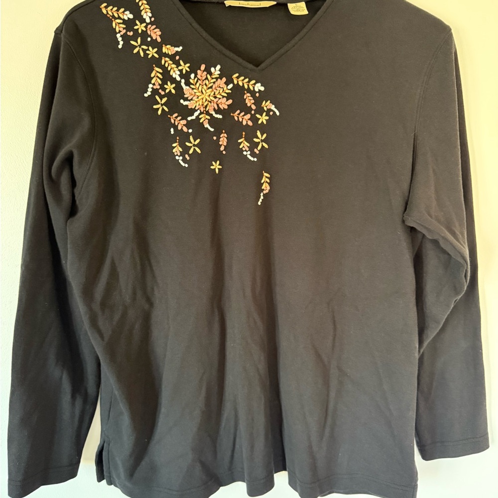 Bechamel Black Long Sleeve Top with Floral Embroidery